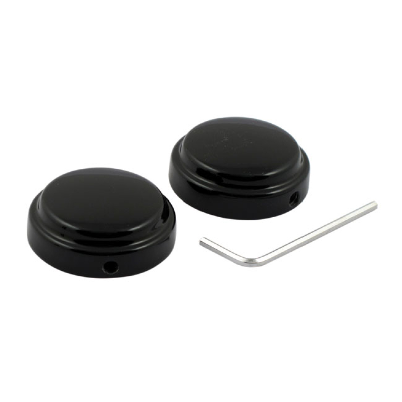 SWINGARM PIVOT BOLT COVER SET. BLACK PIVOT BOLT END CAP SET. INSTALLS 508928