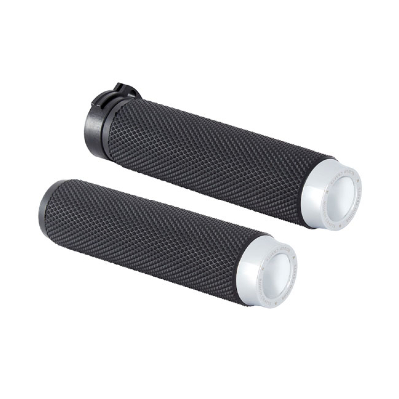 ROUGH CRAFTS, KNURLED RUBBER HANDLEBAR GRIPS. CHROME CNC MACHINED BILL 599473