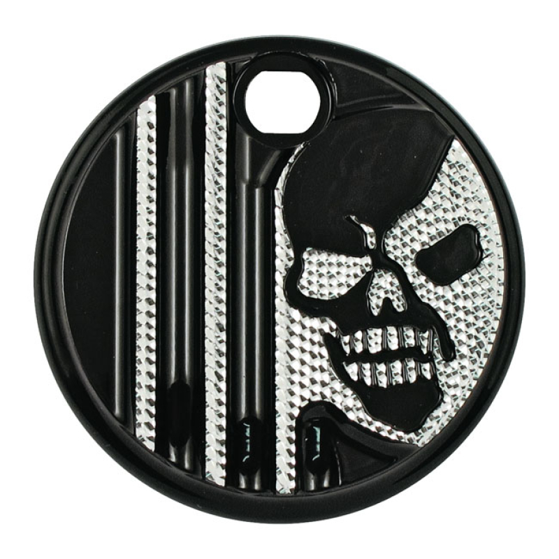 COVINGTONS, ALUMINUM FUEL TANK DOOR. CHROME. SKULL. DEC FINNED WITH SK 953882
