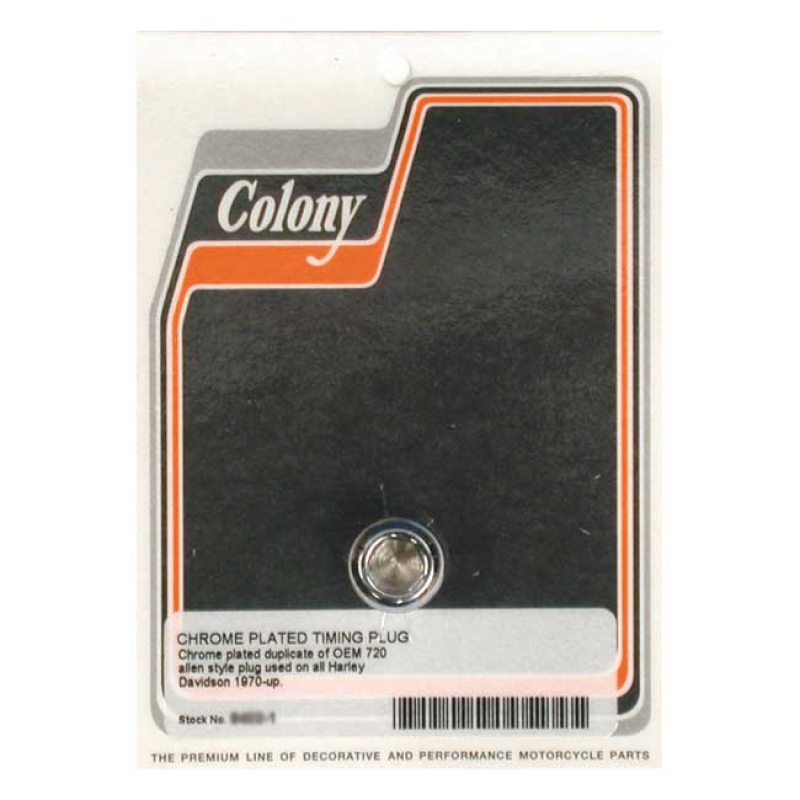 COLONY, TIMING PLUG. OEM STYLE ALLEN. CHROME 5/8&quot;-18 THREADED. CUSTOM 989286