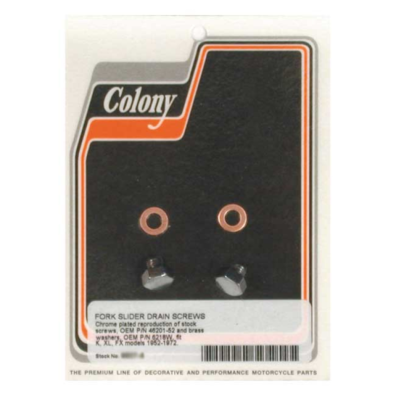 COLONY, FORK SLIDER DRAIN SCREWS. CHROME CHROME PLATED. OEM STYLE HEX. 989725